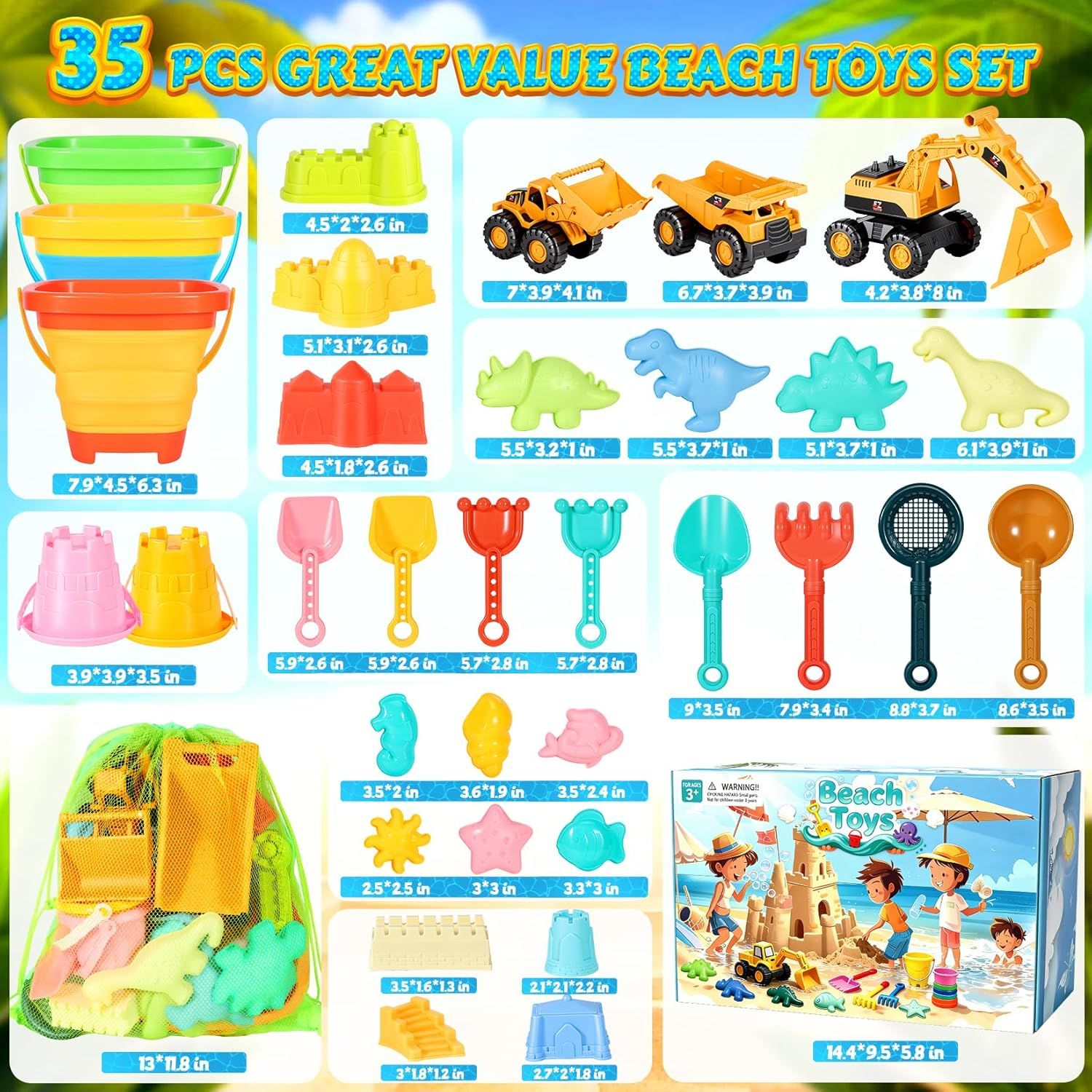 Beach Sand Toys 35PCS Set with Buckets & Trucks