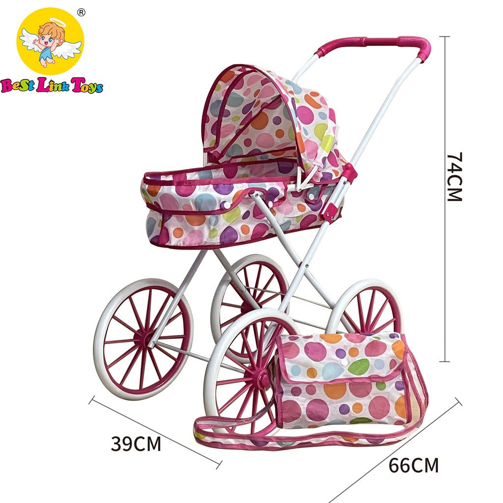 Metal Doll Pram Stroller with Large Wheels & Carry Bag