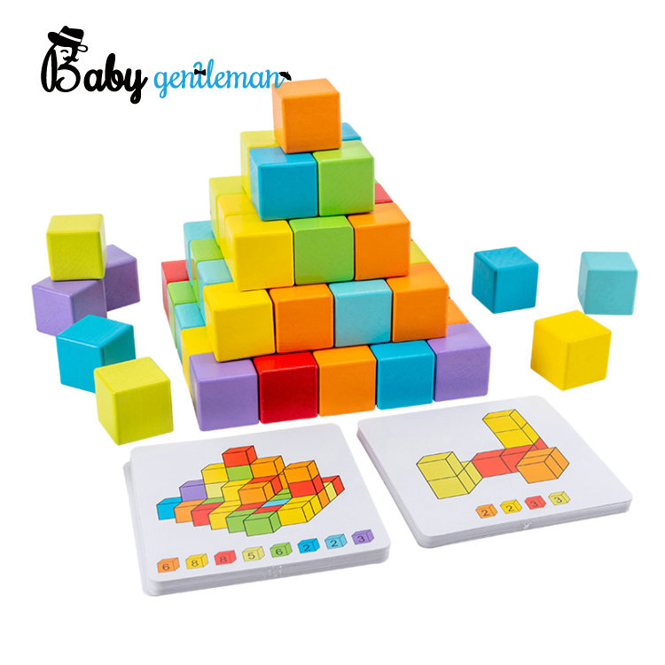 64-Pc Rainbow Wooden Cube Building Blocks with Pattern Cards