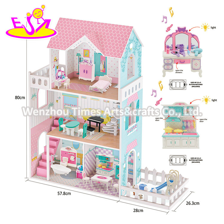 3-Storey Wooden Dollhouse with Furniture, Lights & Garden