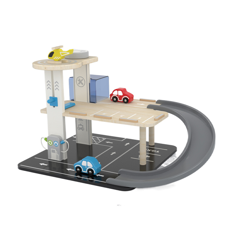 Wooden Multi-Level Parking Garage Playset with Cars & Helicopter